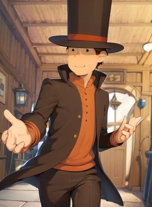 best quality, (masterpiece),(ultra-detailed), (high quality), (high resolution), <lora:layton-10:0.85>,1boy, brown hair, door, freckles, hat, letter, male focus, professor layton, shirt, top hat,