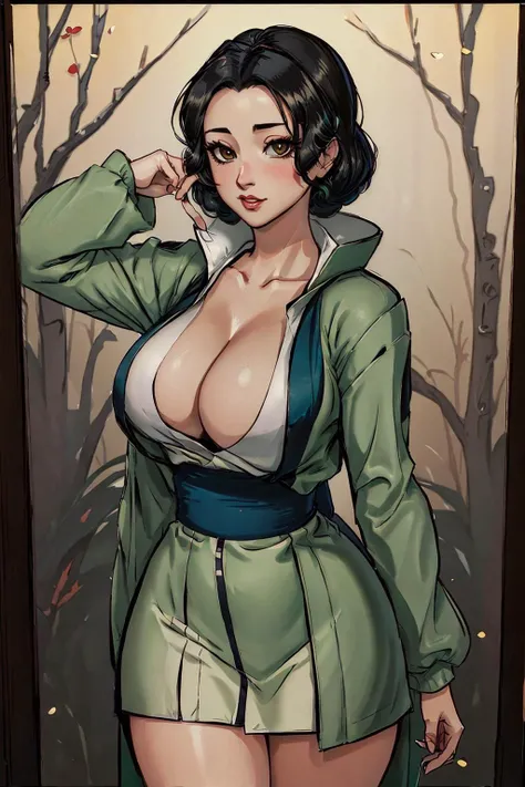 k1m0n0, <lora:k1m0n0-v1:0.6>, cleavage, thighs, green jacket, woman, sash, stunning intricate full color portrait, epic character composition, f2, 35mm, film grain, black hair snowwhite <lora:SnowWhite_character:0.6>