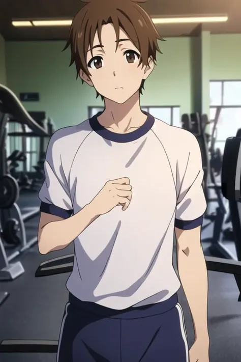 masterpiece, best quality, high quality, 1boy, solo, male focus, looking at viewer, upper body, <lora:taichi_yaegashi:0.60>, taichi_yaegashi, brown hair, brown eyes, , gym uniform