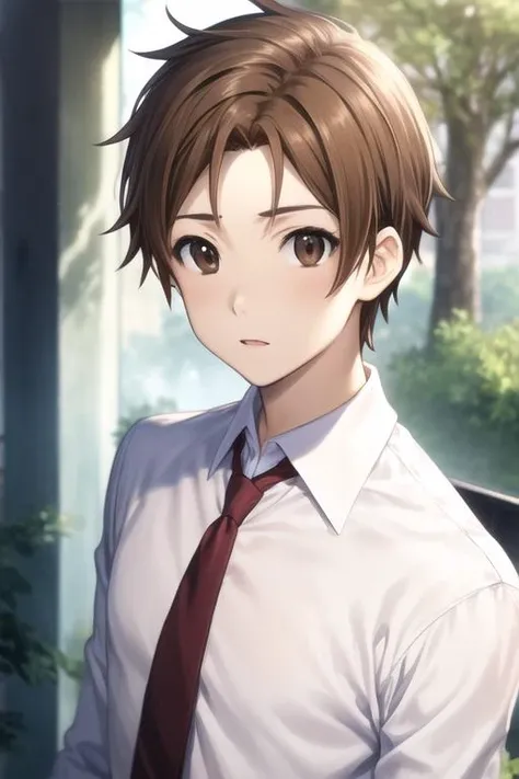 masterpiece, best quality, high quality, 1boy, solo, male focus, looking at viewer, upper body, <lora:taichi_yaegashi:0.78>, taichi_yaegashi, brown hair, brown eyes, , formal, necktie, dress shirt