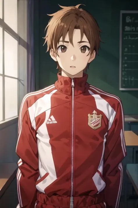masterpiece, best quality, high quality, 1boy, solo, male focus, looking at viewer, upper body, <lora:taichi_yaegashi:0.56>, taichi_yaegashi, brown hair, brown eyes, realistic, track suit