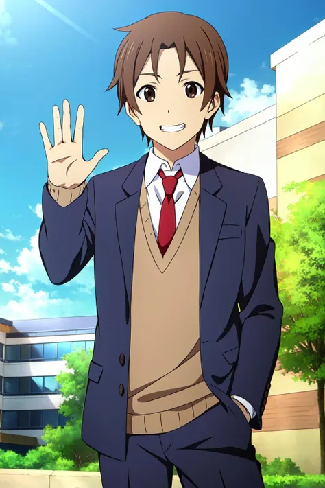 masterpiece, best quality, taichi_yaegashi, 1boy, solo, upper body, cowboy shot, standing, brown hair, brown eyes, grin, school uniform, blue jacket, sweater, white shirt, red necktie, blue pants, hand in pocket, arm raised, waving, school, school yard, sky,