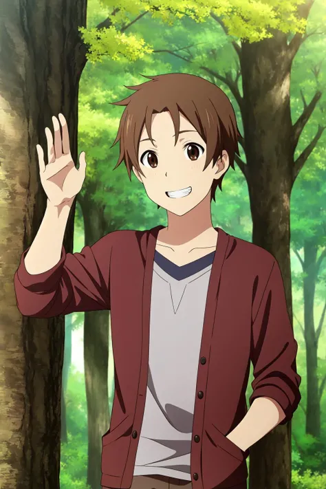 masterpiece, best quality, taichi_yaegashi, 1boy, solo, upper body, standing, brown hair, brown eyes, grin, excited, casual, red cardigan, grey t-shirt, brown cargo pants, park, forest, tree,