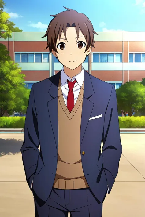 masterpiece, best quality, taichi_yaegashi, 1boy, solo, upper body, cowboy shot, standing, brown hair, brown eyes, light smile, closed mouth, school uniform, blue jacket, sweater, white shirt, red necktie, blue pants, school, school yard, sky,