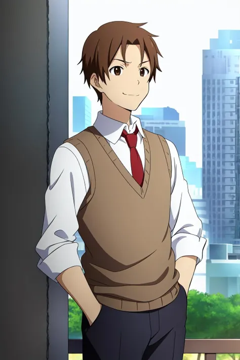masterpiece, best quality, taichi_yaegashi, 1boy, solo, upper body, cowboy shot, standing, brown hair, brown eyes, smug, closed mouth, casual, dress shirt, sleeves rolled up, red necktie, sweater vest, hands in pockets, city,