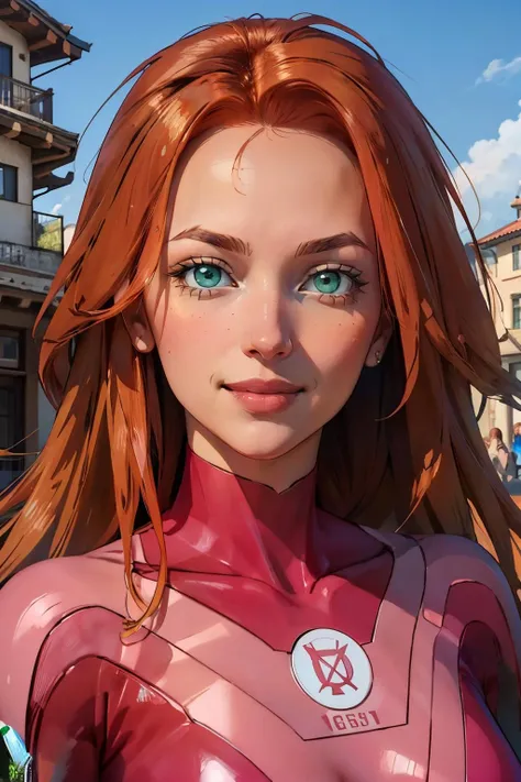 evedef, green eyes, orange hair, cape, pink bodysuit, looking at viewer, smiling, portrait, outside, blue sky, extreme detail, masterpiece, <lora:AtomEve:.7>