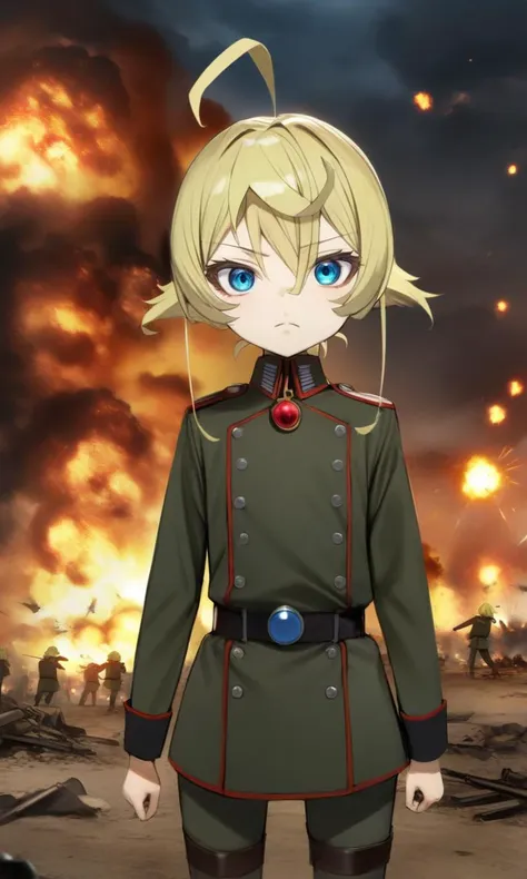 1girl, tanyadegurechaff, blue eyes, blonde hair, pointy hair, ahoge, 
red gem, military uniform, 
standing, looking at viewer, straight-on, 
battlefield, war, night, explosions, fire, 
masterpiece, best quality, very aesthetic, absurdres, nyatabe, 
<lora:TanyaDegurechaff_XL:1><lora:Nyatabe_XL:1>