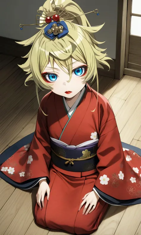 (solo:1.1), (1girl:1.1), tanyadegurechaff, blue eyes, blonde hair, pointy hair, ahoge, 
1girl, bent knees, blonde hair, blue eyes, clothing, female, floral print kimono, hair ornament, indoors, kimono, lipstick, long sleeves, looking at viewer, makeup, oiran, red kimono, red lips, robe, seiza, shadow, shirt, sitting, solo, traditional clothes, wafuku, white shirt, wooden floor, 
masterpiece, best quality, very aesthetic, absurdres, nyatabe, 
<lora:TanyaDegurechaff_XL:1><lora:Nyatabe_XL:1>