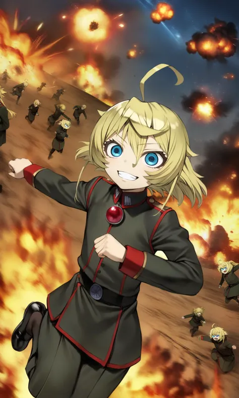 1girl, tanyadegurechaff, blue eyes, blonde hair, pointy hair, ahoge, 
red gem, military uniform, 
floating, looking at viewer, dynamic pose, crazy eyes, crazy smile, 
battlefield, war, night, explosions, fire, sky, 
masterpiece, best quality, very aesthetic, absurdres, nyatabe, mogudan, 
<lora:TanyaDegurechaff_XL:1><lora:Nyatabe_XL:1>