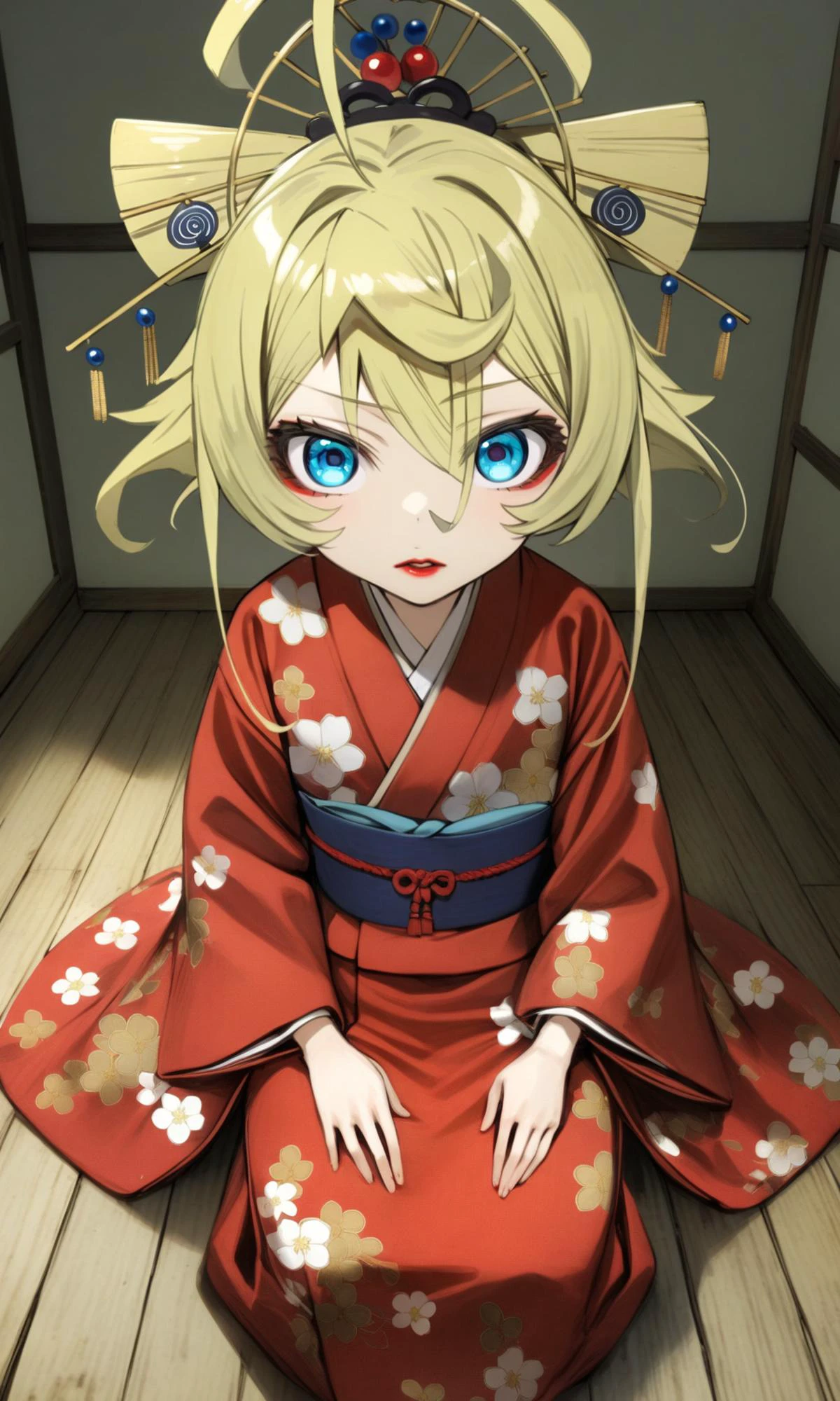 (solo:1.1), (1girl:1.1), tanyadegurechaff, blue eyes, blonde hair, pointy hair, ahoge,
1girl, blonde hair, blue eyes, clothing, female, floral print kimono, hair ornament, indoors, kimono, lipstick, long sleeves, looking at viewer, makeup, oiran, red kimono, red lips, robe, shadow, shirt, sitting, solo, traditional clothes, wafuku, white shirt, wooden floor,
standing, straight-on,
masterpiece, best quality, very aesthetic, absurdres, nyatabe,
<lora:TanyaDegurechaff_XL:1><lora:Nyatabe_XL:1>