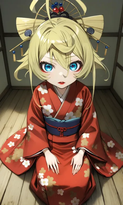 (solo:1.1), (1girl:1.1), tanyadegurechaff, blue eyes, blonde hair, pointy hair, ahoge, 
1girl, blonde hair, blue eyes, clothing, female, floral print kimono, hair ornament, indoors, kimono, lipstick, long sleeves, looking at viewer, makeup, oiran, red kimono, red lips, robe, shadow, shirt, sitting, solo, traditional clothes, wafuku, white shirt, wooden floor, 
standing, straight-on, 
masterpiece, best quality, very aesthetic, absurdres, nyatabe, 
<lora:TanyaDegurechaff_XL:1><lora:Nyatabe_XL:1>