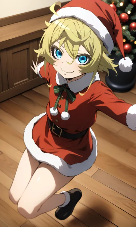 (solo:1.1), (1girl:1.1), tanyadegurechaff, blue eyes, blonde hair, pointy hair, ahoge, 
santa costume, santa hat, 
jumping, looking at viewer, smile, 
indoors, wooden floor, flowers, vase, 
masterpiece, best quality, very aesthetic, absurdres, 
<lora:TanyaDegurechaff_XL:1>