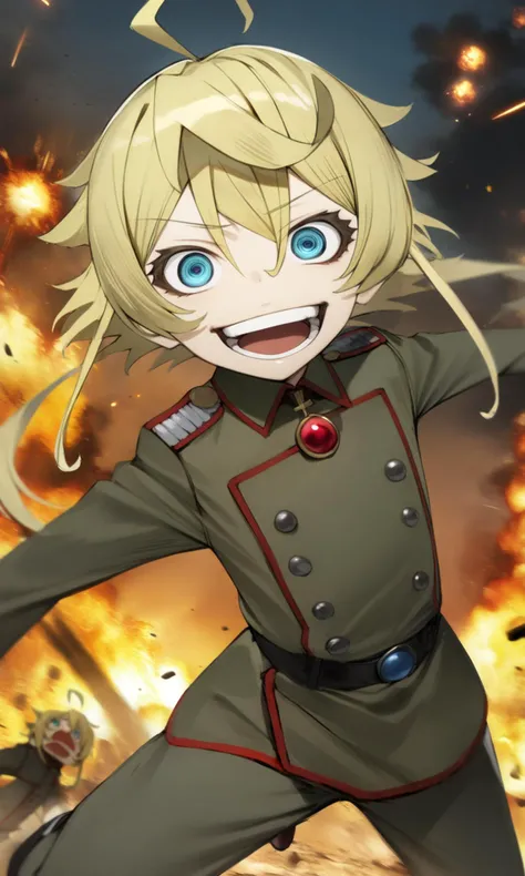 1girl, tanyadegurechaff, blue eyes, blonde hair, pointy hair, ahoge, 
red gem, military uniform, 
floating, looking at viewer, dynamic pose, crazy eyes, crazy smile, 
battlefield, war, night, explosions, fire, sky, 
masterpiece, best quality, very aesthetic, absurdres, nyatabe, 
<lora:TanyaDegurechaff_XL:1><lora:Nyatabe_XL:1>