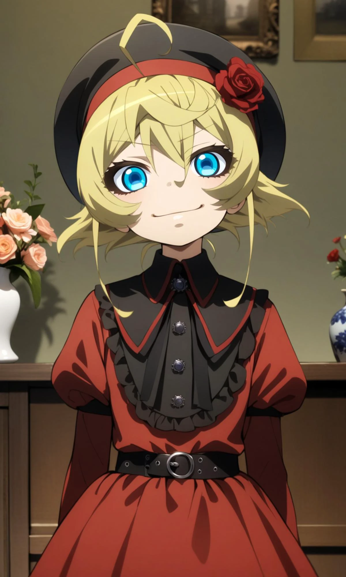 (solo:1.1), (1girl:1.1), tanyadegurechaff, blue eyes, blonde hair, pointy hair, ahoge,
(dress:1.1), red dress, hat, gothic, frilled dress,
standing, upper body, looking at viewer, straight-on, forced smile, (head tilt:1.1),
indoors, wooden floor, flowers, vase,
masterpiece, best quality, very aesthetic, absurdres,
<lora:TanyaDegurechaff_XL:1>