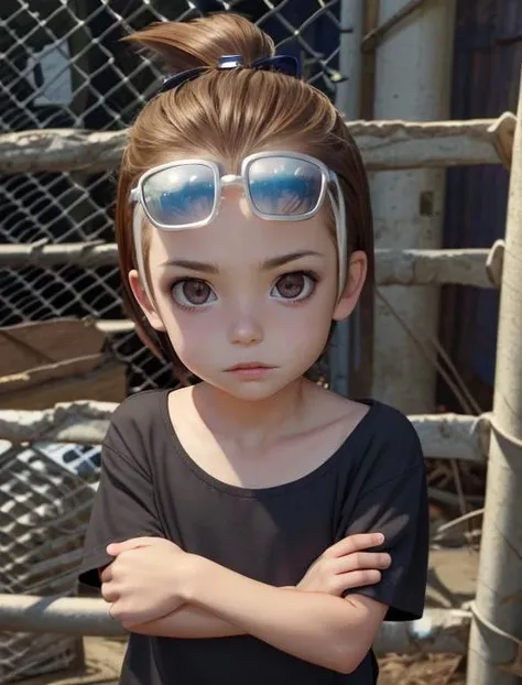best quality, masterpiece, highres, detailed, digital artwork, <lora:Detail - add_detail:0.2>, MantaroM, <lora:MantaroM-10:0.9>, 1boy, male child, eyewear on head, smug, black shirt, upper body, spiked short ponytail, prison, naughty face,