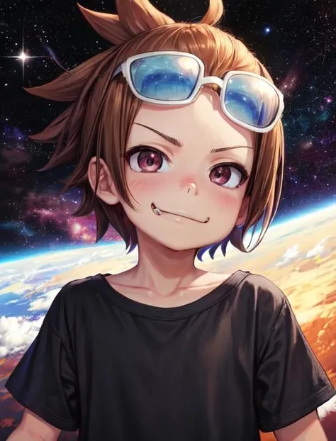 best quality, masterpiece, highres, detailed, digital artwork, <lora:Detail - add_detail:0.2>, MantaroM, <lora:MantaroM-10:0.9>, 1boy, male child, eyewear on head, smug, black shirt, upper body, spiked short ponytail, space, naughty face,