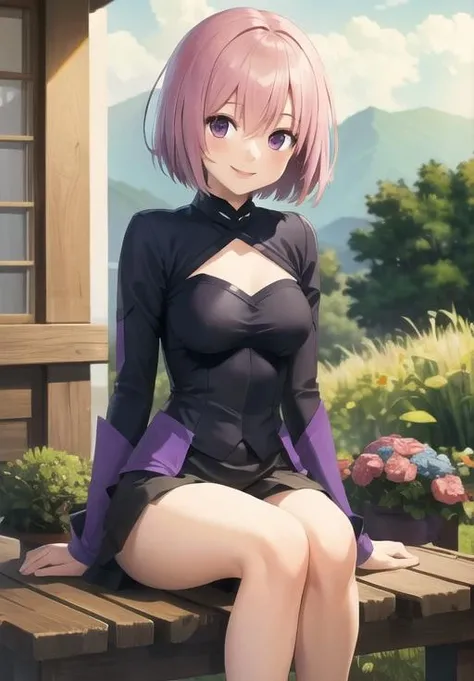 pink hair, ponytail, short hair, cat ears, cat tail, outfit, tied top, cleavage, kneeling, in garden, flowers, fence, looking at viewer, thick thighs, (masterpiece), (best quality:1.2), absurdres, intricate details, (highly detailed skin:1.2),