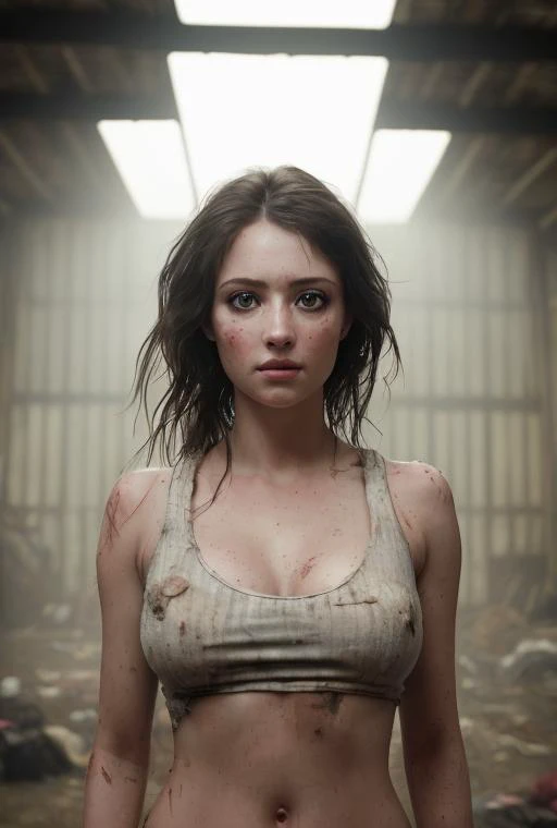 hyper real photo of ((woman inside a cluttered barn wearing sexy worn-out torn cotton tanktop)), ((detailed realistic face and eyes)), cinematic lighting, 8k resolution, (modelshoot style), sunset, (from_below:1.4), natural breasts