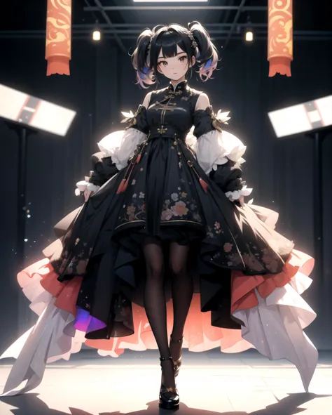 girl,full body,(detailed face:1.2), masterpiece, fashion,chinese dress,, medium hair, black hair, twintails, blunt bangs, brown eyes,
, iridescence, luminous, niji style, studio, photoshoot, gicing a pose for the photoshoot, (full body shot)