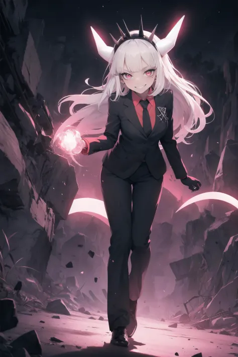 glowing particles, , cute, pastel art, full body detailed, 4K, hdr, high details, , perfect anatomy, dreamlike, divine, magical, glowing eyes:1.4, , eye trail, ,
lucifer, horns, demon girl, demon horns, mole, mole under eye, white horns, tail, demon tail, long hair, large breasts, blunt bangs,<lora:lucifer:0.8>, red shirt, shirt, collared shirt, gloves, formal, suit, pants ,
, dark room,night, darkness:1.5,low light,moon,evil grin, crazy eyes,