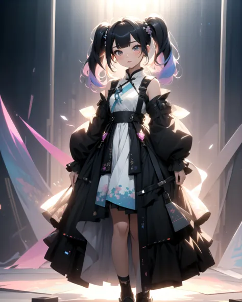 girl,full body,(detailed face:1.2), masterpiece, fashion,chinese dress,, medium hair, black hair, twintails, blunt bangs, brown eyes,
, iridescence, luminous, niji style, studio, photoshoot, gicing a pose for the photoshoot, (full body shot), blue shaded hair at the ends