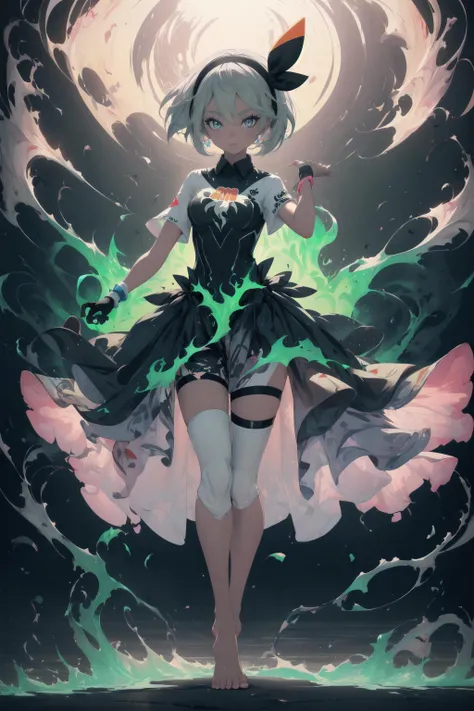 glowing particles, ambient lights, cute, pastel art, full body detailed, 4K, hdr, high details, perfect lighting, perfect anatomy, dreamlike, divine, magical, glowing eyes, flaming eye, eye trail, fireMagicAI, green flames,
bea \(pokemon\), bow hairband, print shirt, tied shirt, black bodysuit, bodysuit under clothes, single glove, print shorts, knee pads, barefoot ,(Attacking:1.2),
<lora:SaitouV1:0.8>,ballroom dress, ballroom,,
,<lora:wrenchfaeflare:0.8>, wrenchfaeflare, glowing, 1girl, green theme, embroidery, accessories, pinstripe pattern, 1girl,green dress