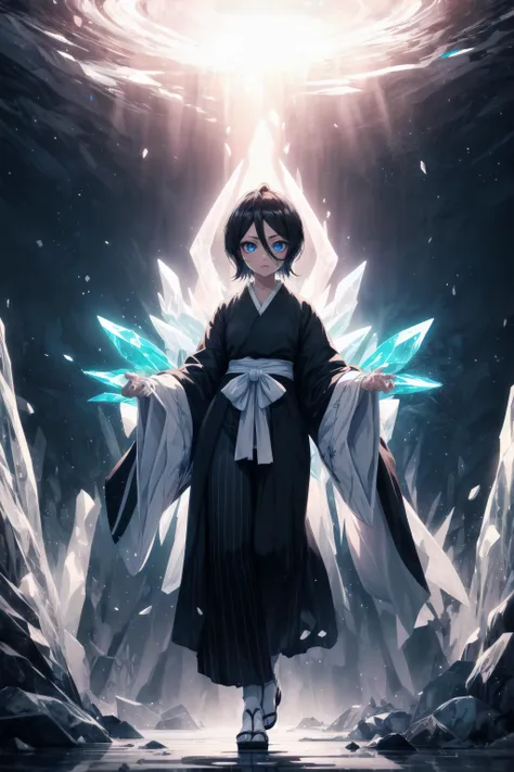 glowing particles, ambient lights, cute, pastel art, full body detailed, 4K, hdr, high details, perfect lighting, perfect anatomy, dreamlike, divine, magical, glowing eyes, ice eye, eye trail, iceMagicAI, blue ice,
, <lora:kuchiki_rukia-10:0.8> ,kuchiki_rukia, japanese clothes, kimono, black kimono, 
katana ,
,<lora:more_details:0.5>,