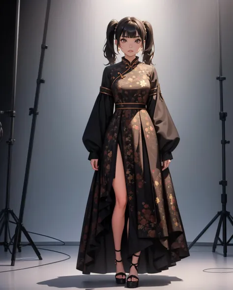 girl,full body,(detailed face:1.2), masterpiece, fashion,chinese dress,, medium hair, black hair, twintails, blunt bangs, brown eyes, magical, divine, 4k, hdr, (full body:1.4)