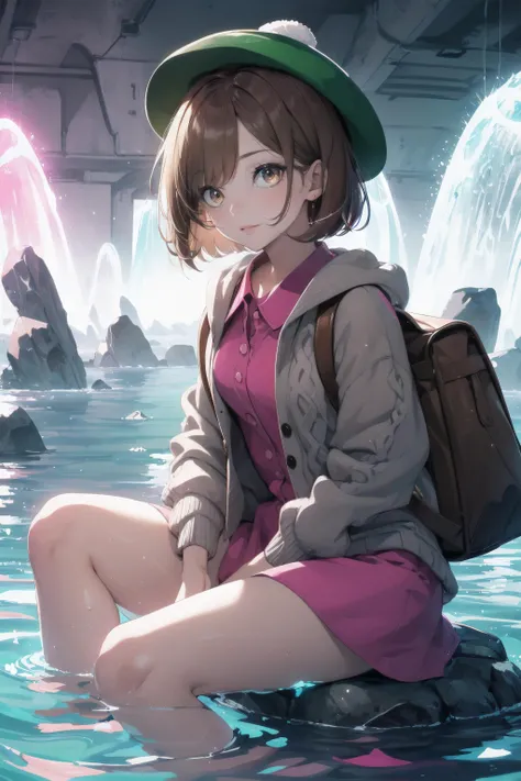 glowing particles, ambient lights, cute, pastel art, full body detailed, 4K, hdr, high details, perfect lighting, perfect anatomy, dreamlike, divine, magical, glowing eyes, eye trail, watermagicai, pink water,
,<lora:gloria_(pokemon)_v1:0.6>,gloria1, gloria \(pokemon\), brown hair, solo, backpack, brown eyes, tam o' shanter, grey cardigan, pink dress, short hair, green socks, brown bag, bob cut, bangs, long sleeves, collared dress,
sitting in water ,glowing water