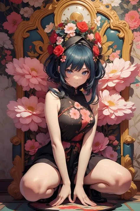 there is a woman sitting on a floral wallpaper with her legs crossed, anime style mixed with fujifilm, anime character; full body art, anime aesthetic, seductive anime girl, anime style 4 k, best anime 4k konachan wallpaper, artwork in the style of guweiz, anime styled digital art, anime vibes, anime girl, beautiful anime girl
