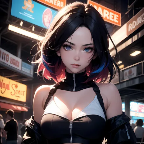 masterpiece, best quality, ultra realistic, 32k, RAW photo, detailed skin, 8k uhd, high quality:1.2), (sfw:1.3), (upper body:1.3), a award winning portrait of a beautiful woman with stunning eyes in a one off shoulder croptop and cargo pants with rainbow colored hair, outlined by whirling illuminated neon lines and fine lines swirling in circles by jesper ejsing and rhads and makoto and shinkai and lois van baarle, digital art, trending on artstation