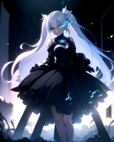 Silver hair, blue eyes, twin tails, eye patch over left eye, very big breasts, black suit, kime pose, (full body:1.3), glowing particles, ambient lights, cute, pastel art, full body detailed, 4K, hdr, high details, perfect lighting, perfect anatomy, dreamlike, glowing eyes, flaming eye, eye trail, blue flames