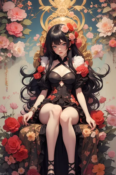 there is a woman sitting on a floral wallpaper with her legs crossed, anime style mixed with fujifilm, anime character; full body art, anime aesthetic, seductive anime girl, anime style 4 k, best anime 4k konachan wallpaper, artwork in the style of guweiz, anime styled digital art, anime vibes, anime girl, beautiful anime girl