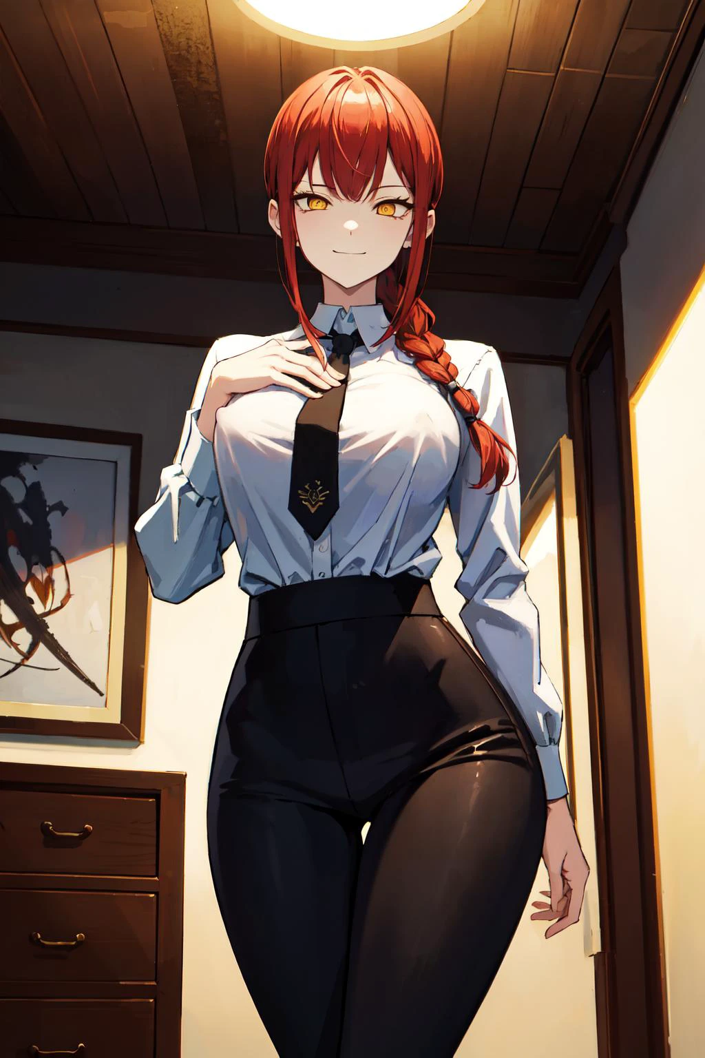 best quality, (ultra detailed:1.3), (artistic lighting:1.6), cinematic lighting, dynamic lighting, dynamic angle, <lora:makima:0.8>, makima\(chainsaw man\), <lora:Evilsmile:0.4>, evil smile, smug, closed mouth, kind eyes, half closed eyes, hand on own face, smirk, long sleeves, red hair, colorful red hair, (saturated red hair:1.2), necktie, long tie, (large breasts:1.1), (perky breasts:1.3), (high root breasts:1.2), solo, looking at viewer, (thick thighs:1.1), wide hips, thigh gap, pants, (black pants:1.5), (yellow eyes:1.3), 1girl, white shirt, braided ponytail, ringed eyes, (high-waist pants:1.2), shirt, braid, shirt tucked in, indoors, office, detailed background, window, moody lighting, black necktie, collared shirt, (covered nipples:1.1), (puffy nipples:0.8), (beautiful detailed eyes:1.6), extremely detailed face, perfect lighting, extremely detailed CG, (perfect hands, perfect anatomy), high saturation, colorful, <lyco:GoodHands-beta2:1.15>, nice hands, perfect hands