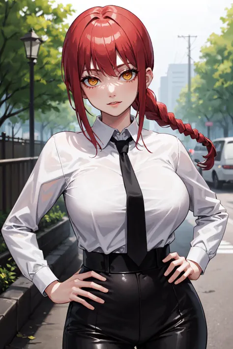 makima\(chainsaw man\), long sleeves, red hair, necktie, large breasts, looking at viewer, hand on hip, black pants, yellow eyes, white shirt, braided ponytail, ringed eyes, high-waist pants, outdoors, masterpiece, best quality, detailed <lora:makima:0.8>
