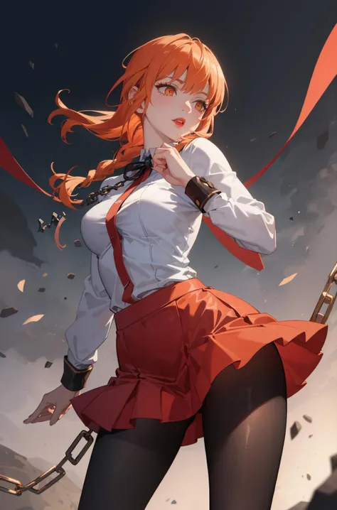 ((masterpiece)), ((best quality)), detailistic, precise and detailed, girl, blurred background, <lora:makima:1> , circled iris shape , orange hairs , , makima ,red lips , , shirt , braided ponytail , perfect body , tight tights , micro skirt , chains