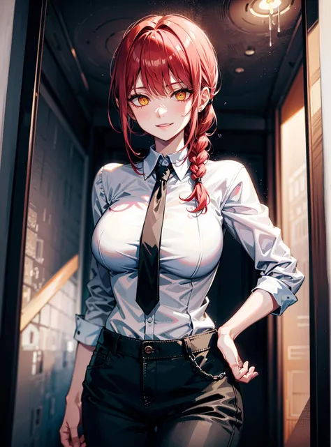 (1girl), solo, beautiful detailed eyes, cowboy shot, sharp focus, glowing eyes, detailed 4k eyes, reflection in eyes,, makima\(chainsaw man\), sidelocks, braided ponytail, ringed eyes, braid, smirk, red hair, large breasts, yellow eyes, upper body, pants, black pants, white shirt, necktie, <lora:more_details:0.3>, <lyco:GoodHands-beta2:1.0>, <lora:makima:1>