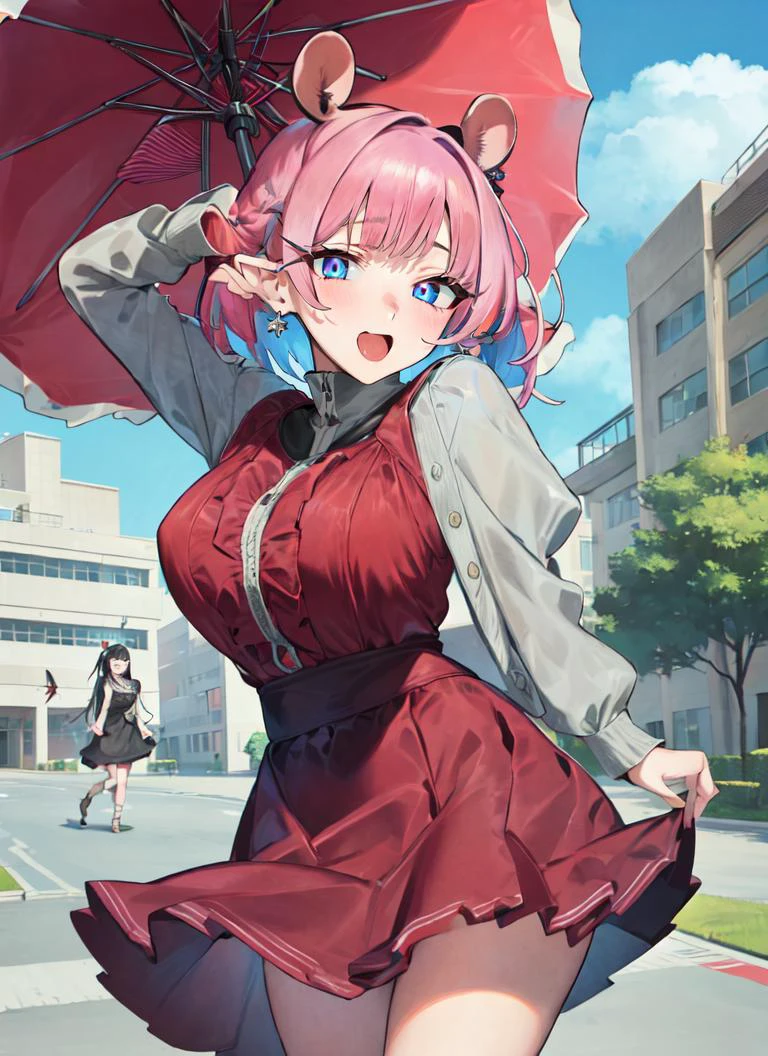 ((best quality)), ((highly detailed)), masterpiece, absurdres, (detailed eyes, deep eyes), (1girl), (glasses), fisheye lense, dynamic pose, cowboy shot, ((silk dress, maxi skirt, <lora:EraseGroinSkirt:1>)), (rat girl), rat ears, rat tail, (outdoors, <lora:school_outdoors_v0.2:1>, at a school, building, (5+girls), noon), <lora:Nonco_style_v01:1>