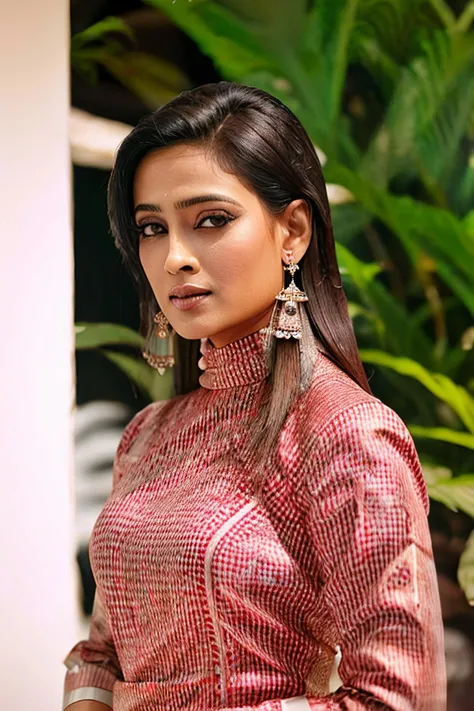 ultrarealistic glamor portrait close-up photo of swti woman, looking at camera, detailed face, high neck elegant indian cotton dress, dynamic pose at an art gallery art show, film grain, analog fuji film, bokeh, cool color filter <lora:swti_Shweta_Tiwari_SD15_LoRA_Adafactor:1>
