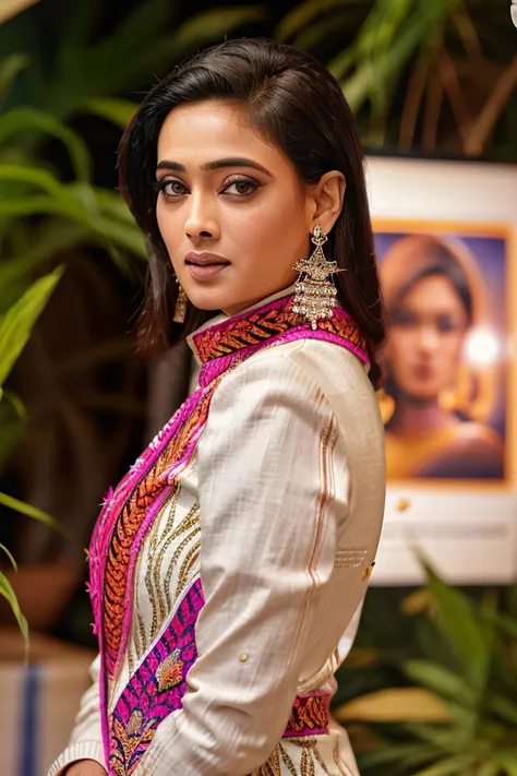 ultrarealistic glamor portrait close-up photo of swti woman, looking at camera, detailed face, high neck elegant indian cotton dress, dynamic pose at an art gallery art show, film grain, analog fuji film, bokeh, flat colors, butterfly lighting <lora:swti_Shweta_Tiwari_SD15_LoRA_Adafactor:1>