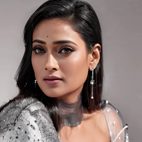 ultrarealistic glamor close-up photo of swti woman, b&W, greyscale, looking at camera, detailed face with no makeup, high neck elegant white dress, early morning, film grain, analog kodachrome, bokeh, flat colors, softbox lighting <lora:swti_Shweta_Tiwari_SD15_LoRA_Adafactor:1>