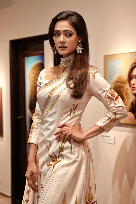 ultrarealistic glamor portrait photo of swti woman, looking at camera, detailed face, high neck elegant embroidered cotton evening gown, dynamic pose at an art gallery art show, film grain, analog fuji film, bokeh <lora:swti_Shweta_Tiwari_SD15_LoRA_Adafactor:1>