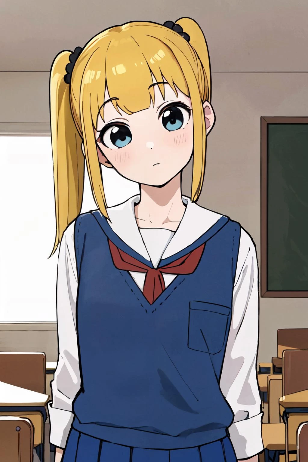 <lora:popteamepic:0.6>, <lora:ARWchildreninterior:1>, childreninterior room, pop team epic,school uniform, blonde shor hair, twintail, indoor, room,
(best quality, masterpiece, RAW photo,ultra-detailed:1.2), <lyco:GoodHands-beta2:1.0>,1girl,solo,looking at viewer, head tilt,