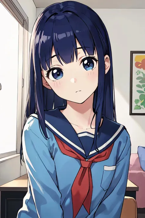 <lora:popteamepic:0.4>, <lora:ARWchildreninterior:1>, childreninterior room,  indoor, room, pop team epic,school uniform, blue long hair, pipimi,
(best quality, masterpiece, RAW photo,ultra-detailed:1.2), <lyco:GoodHands-beta2:1.0>,1girl,solo,looking at viewer, head tilt,