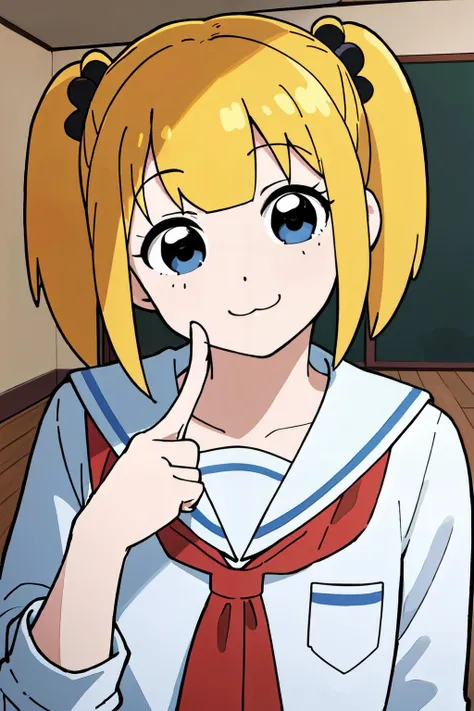 <lora:popteamepic:0.7>, <lora:ARWchildreninterior:1>, childreninterior room, pop team epic,school uniform, blonde shor hair, twintail, indoor, room, the middle finger,
(best quality, masterpiece, RAW photo,ultra-detailed:1.2), <lyco:GoodHands-beta2:1.0>,1girl,solo,looking at viewer, head tilt,