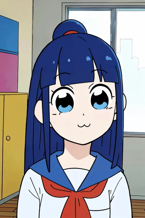 <lora:popteamepic:0.8>, <lora:ARWchildreninterior:1>, childreninterior room, indoor, room, pop team epic,school uniform, blue long hair, pipimi,
(best quality, masterpiece, RAW photo,ultra-detailed:1.2), <lyco:GoodHands-beta2:1.0>,1girl,solo,looking at viewer, head tilt,