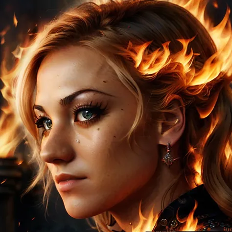 (extremely detailed 8k wallpaper), a medium shot photo of a demonic sorceress as yvonne strahovski conjuring fire in a burning and destroyed village, detailed eyes, waist up Intricate, High Detail, dramatic, best quality masterpiece, photorealistic, detailed, 8k, HDR, backlighting, bloom, light sparkles, chromatic aberration, sharp focus<lora:epiNoiseoffset_v2:1>