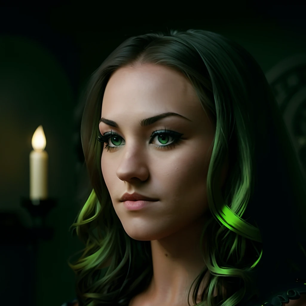 yvonne strahovski with long black hair, with large piercing green haunted eyes, in black lingerie, wearing a cape, detailed seductive alluring, in a castle bedroom, boudoir photography, best quality masterpiece, photorealistic, detailed, 8k, HDR, shallow depth of field, broad light, high contrast, backlighting, bloom, light sparkles, chromatic aberration, sharp focus, RAW color photo, 50mm lens<lora:epiNoiseoffset_v2:1>