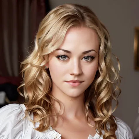 yvonne strahovski with curly hair wearing a skirt and blouse with detailed seductive alluring eyes in a modern bedroom, best quality masterpiece, photorealistic, detailed, 8k, HDR, shallow depth of field, broad light, high contrast, backlighting, bloom, light sparkles, chromatic aberration, sharp focus, RAW color photo<lora:epiNoiseoffset_v2:1>