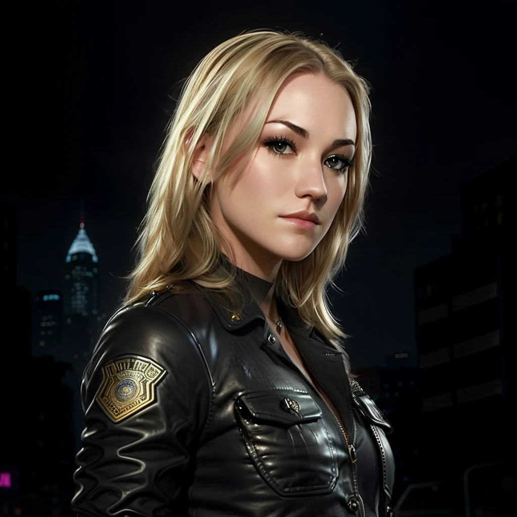 Portrait of yvonne strahovski, beautiful face, in cyberpunk city at night. She is wearing a leather jacket, black jeans, dramatic lighting, (police badge:1.2),<lora:epiNoiseoffset_v2:1>